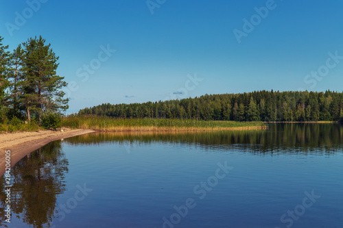 tranquil view of the lake shore in the morning