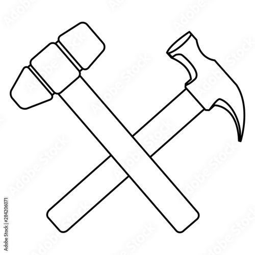 Construction tools crossed cartoon symbol in black and white