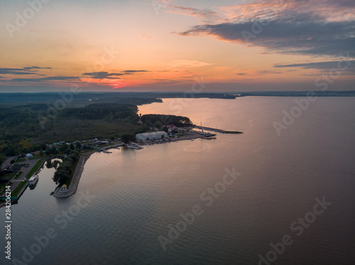 The colorful sunset over the Minsk sea, Belarus. Drone HDR-photo photo