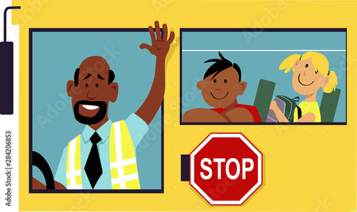 School bus driver waving his hand from a window, school kids sitting behind him, EPS 8 vector illustration 