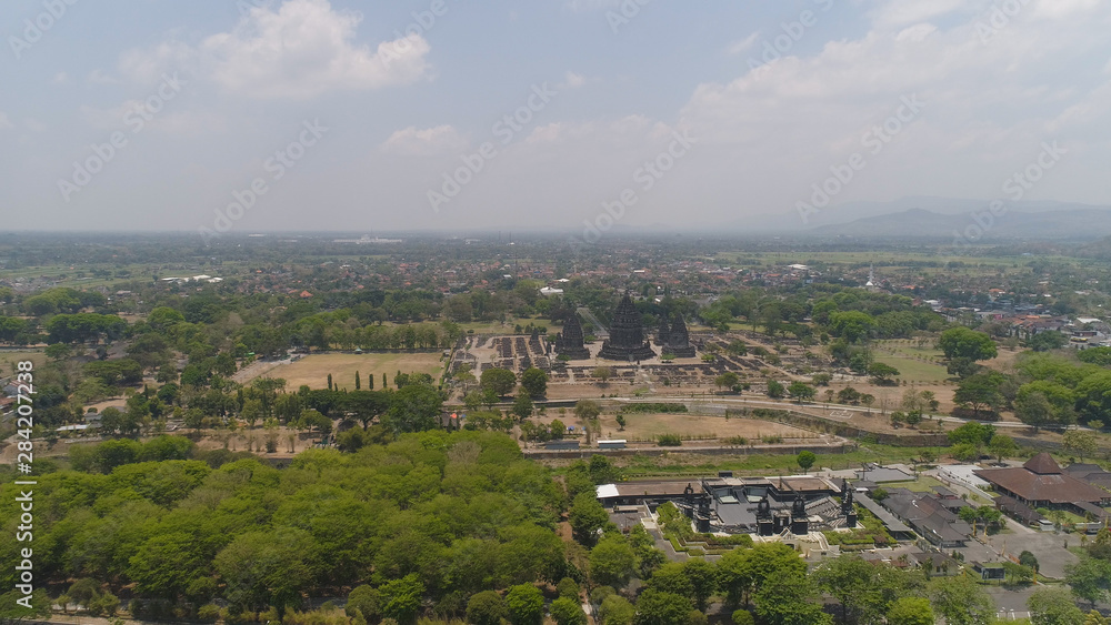 aerial view hindu temple Candi Prambanan in Indonesia Yogyakarta, Java. Rara Jonggrang Hindu temple complex. Religious building tall and pointed architecture Monumental ancient architecture, carved