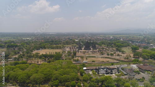 aerial view hindu temple Candi Prambanan in Indonesia Yogyakarta  Java. Rara Jonggrang Hindu temple complex. Religious building tall and pointed architecture Monumental ancient architecture  carved