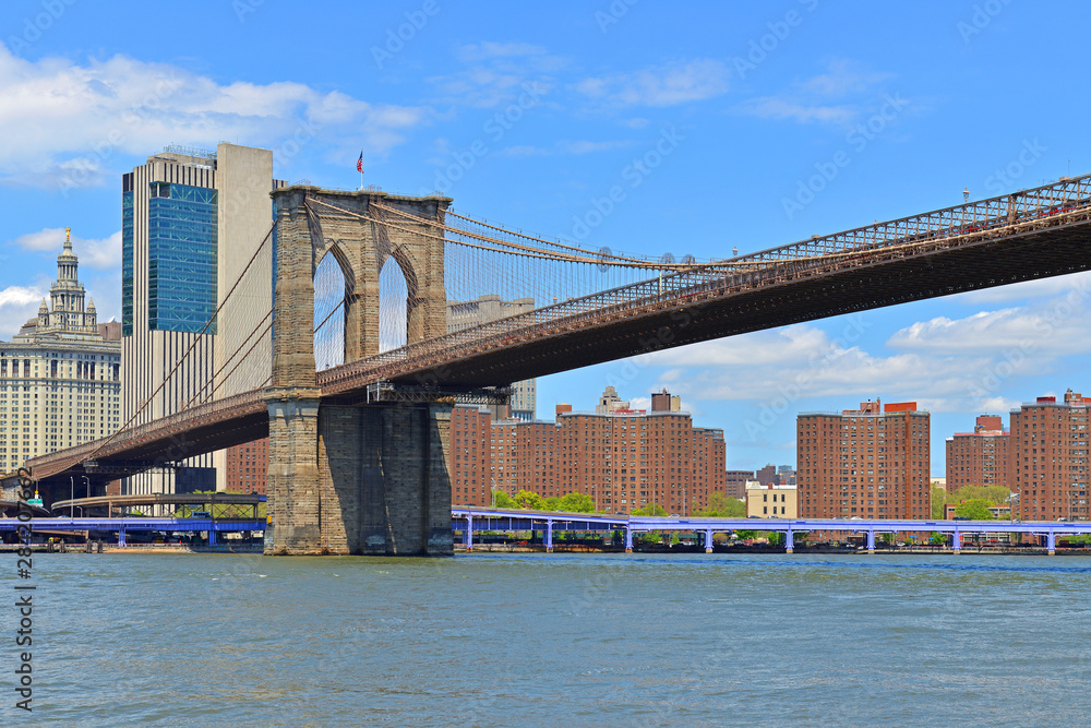 Old famous Brooklyn Bridge (1883), hybrid cable-stayed, suspension bridge in New York City. United States Old famous Brooklyn Bridge (1883), hybrid cable-stayed, suspension bridge in New York City. United States