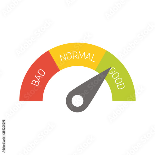 Radial gauge scale with labels Bad, Normal and Good. Satisfaction, risk, rating or performance indicator. Vector illustration