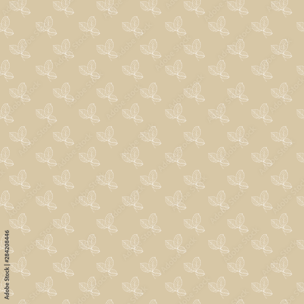 Seamless beige background with white contours of leaves. Watercolor background with computer processing.