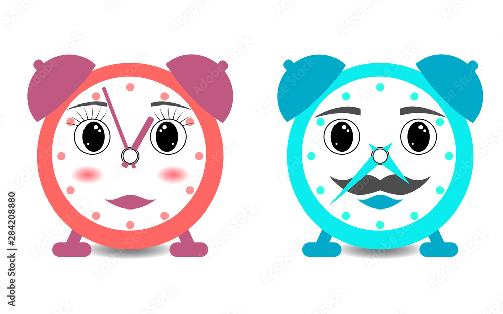 Fototapeta premium Cartoon kawaii alarm clock man and woman, symbol of a happy strong, loving family