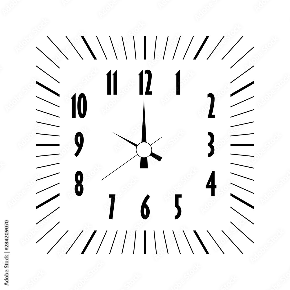 Retro clock face. Square hour dial with numbers and hour and minute hand. Dashes mark minutes and hours. Vintage design. Simple flat vector illustration Retro clock face. Square hour dial with numbers and hour and minute hand. Dashes mark minutes and hours. Vintage design. Simple flat vector illustration