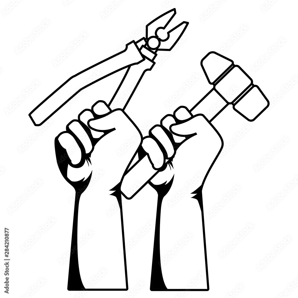 Construction workers hands holding tools in black and white Stock