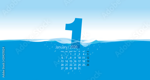 2020 New Desk Calendar January planner template wave water blue background
