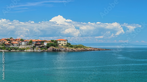 The east cape of Sozopol Old Town (former ancient town of Apollonia) with building of Art Gallery, Bulgaria. Sozopol is the famous seaside resort on the Bulgarian Black Sea Coast.