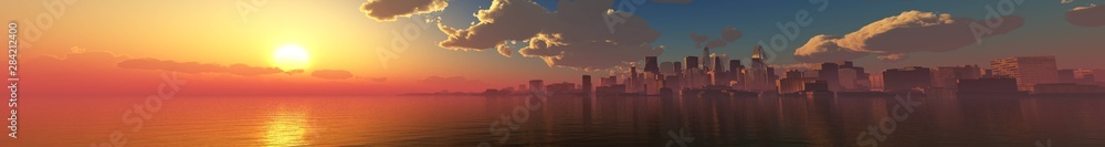 Panorama of sea sunset over the city. A city by the sea during sunset under the sky with clouds. Banner. ,