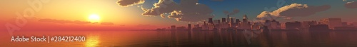 Panorama of sea sunset over the city. A city by the sea during sunset under the sky with clouds. Banner. , © ustas