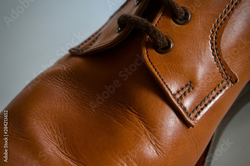 Mens tan leather handmade shoe detail