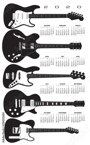A 2020 calendar in a field of electric guitars.  A template with multiple possibilities.   