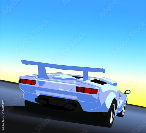 Retro 80s sport supercar drives into the sunrise. Post modern art style.