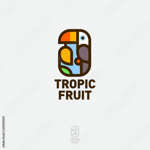 Tropic Fruit logo. Tropical bird with ripe mango fruit. Toucan flat emblem. Label for exotic products.