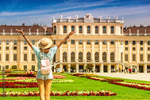 Happy young asian woman travel in Schoenbrunn royal palace garden. Travel and tourism in Vienna and Austria