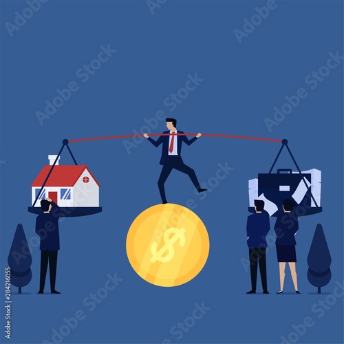 Businessman juggling act above coin confuse between home and work.