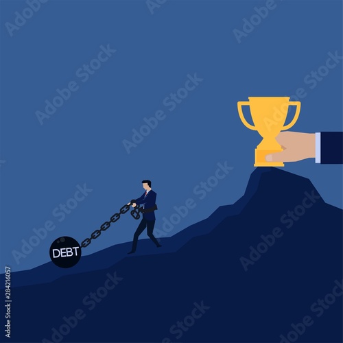 Businessman pull chain ball prisoner debt to get trophy metaphor of lose.