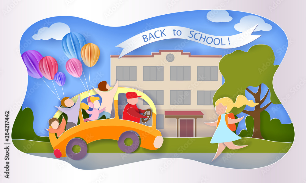 Back to school 1 september card. Children in bus