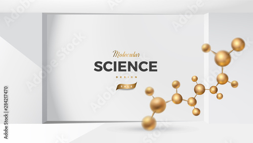 3d molecules vector design. Science abstract background with molecular structure. Atoms model illustration, scientific banner for medicine, biology, chemistry or physics template