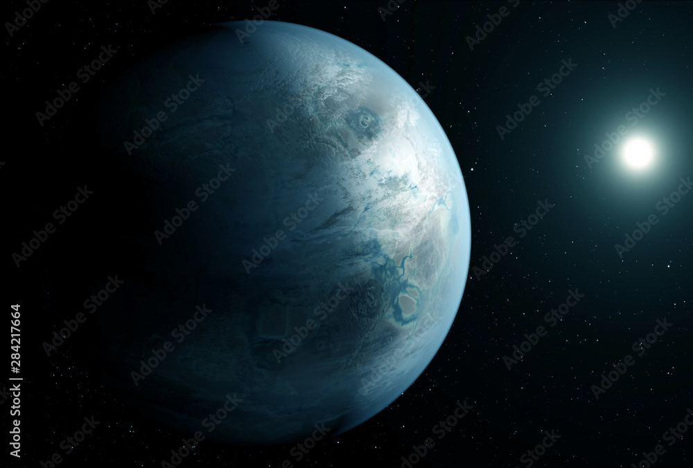 Unusual blue exoplanet, in space, with the sun on the right. Elements of this image were furnished by NASA Unusual blue exoplanet, in space, with the sun on the right. Elements of this image were furnished by NASA