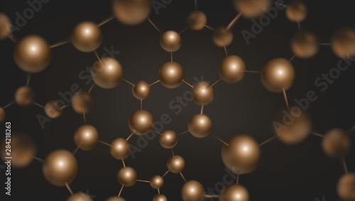 3d golden color molecules vector design. Science abstract background with molecular structure. Atoms model illustration, scientific banner for medicine, biology, chemistry or physics template