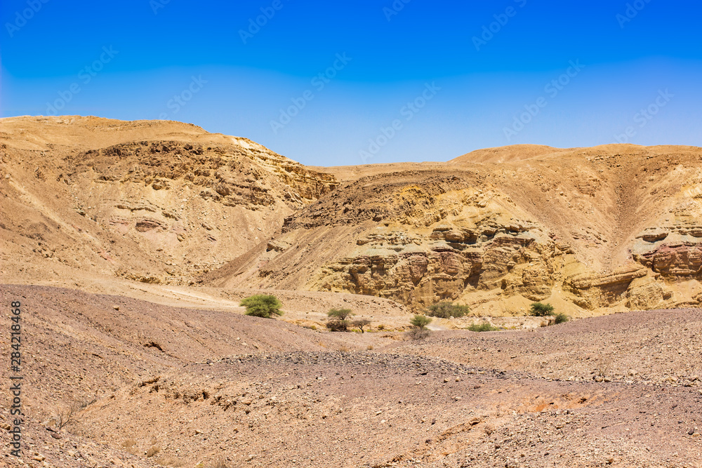 desert sand stone wasteland valley in dry hot summer season with nothing and nobody around and mountain ridge background