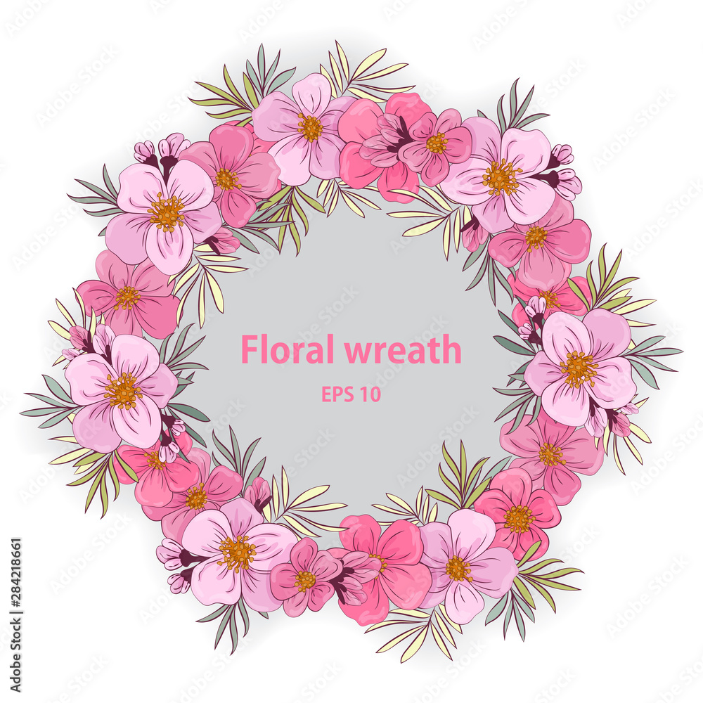 a large garland of pink flowers and twigs.A wreath of pink flowers. Summer wreath. Frame round of flowers. Background for wishes. EPS 10