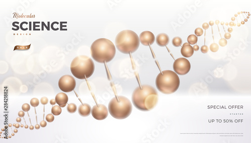 Science abstract vector background design with DNA molecular structure. 3d molecules or atoms model illustration, scientific banner for medicine, biology, chemistry or physics template