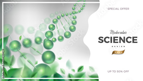 Science abstract vector background design with DNA molecular structure. 3d molecules and green organic leaves luxury illustration, scientific banner for medicine or cosmetics template