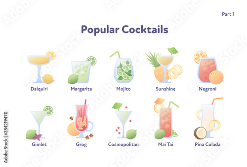 Vector modern flat cocktail illustration set. Collection of colorful fashion alcoholic cocktails in glasses icons isolated on white background. Design element for menu, bar, restaurant, poster, banner