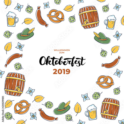 Vector oktoberfest banner template. Circle frame with border of colorful holiday icons. Lettering text Oktoberfest Willcome zum (Welcome to). Design for card, invitation, beer menu, label, ad, event