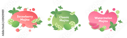 Vector modern flat mojito cocktail banner template illustration set. Fluid shape red and green color and fruits symbol isolated on white. Design element for alcoholic menu, ad, restaurant, cafe.