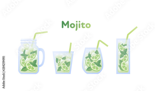 Vector modern flat mojito cocktail illustration set. Green color glass with classical mohito drink with text isolated on white. Design element for alcoholic beverage menu, ad, restaurant, cafe.
