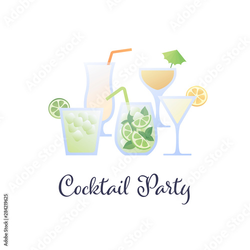 Vector modern flat cocktail party banner illustration template. Set of color alcoholic cocktails in glasses icons isolated on white background. Design element for menu, bar, restaurant, poster, banner