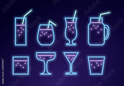 Vector modern neon light sparkling cocktail icon set. Blue glasses with pink straw symbol isolated on gradient background. Design pack element for alcoholic beverage menu, ad, restaurant, cafe.