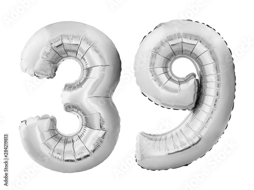 Number 39 thirty nine made of silver inflatable balloons isolated on white background. Chrome silver helium balloons forming 39 thirty nine. Birthday concept