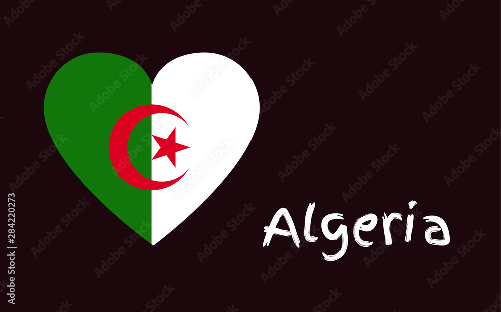 Φωτογραφία National flag of the People's Democratic Republic of Algeria in the shape of a heart with white text on a brown background, vector icon greeting card with copy space