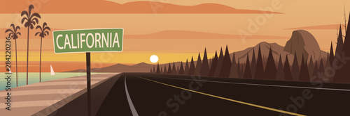 Tableau sur Toile Road Trip California Sign and Landmarks