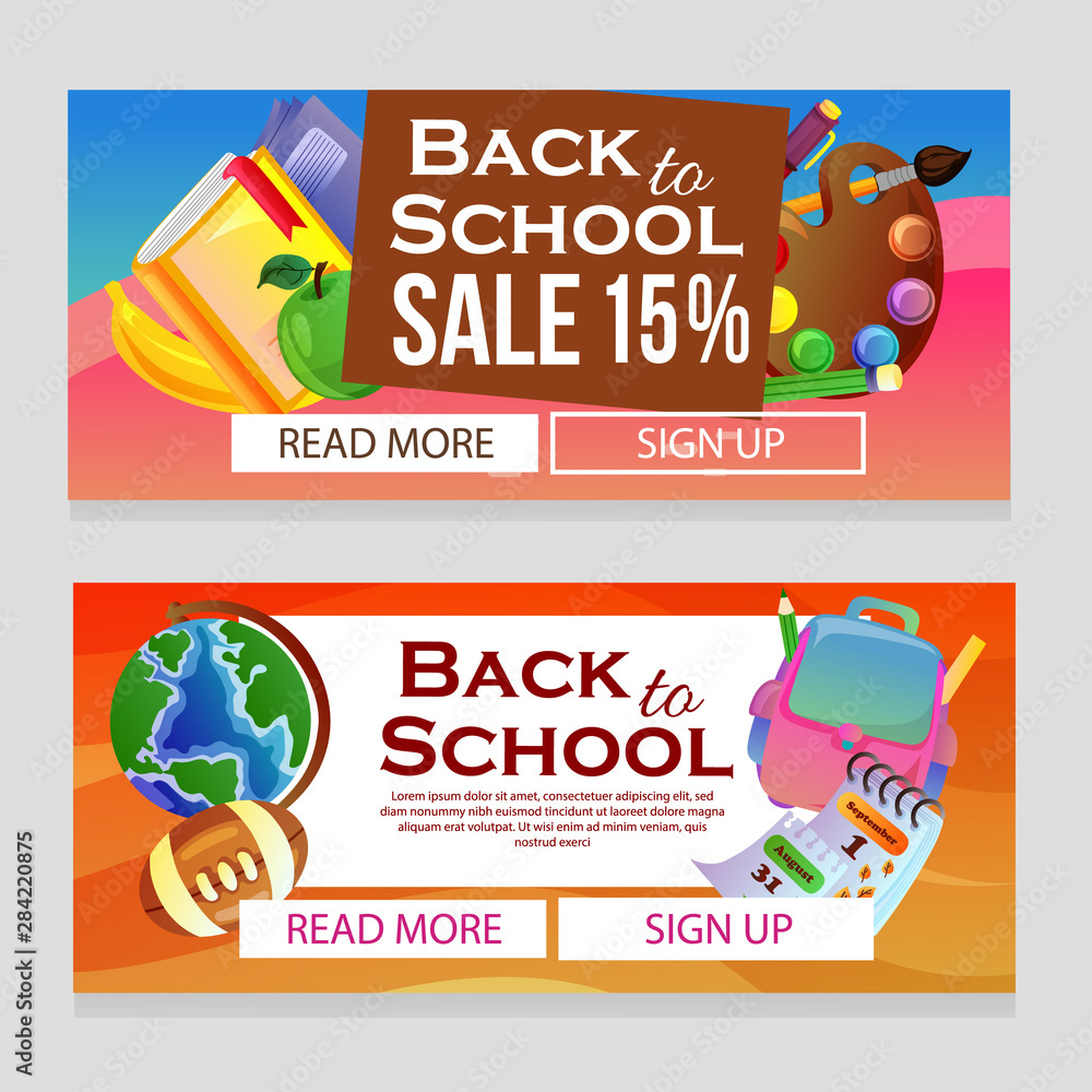 colorful school banner with school objects