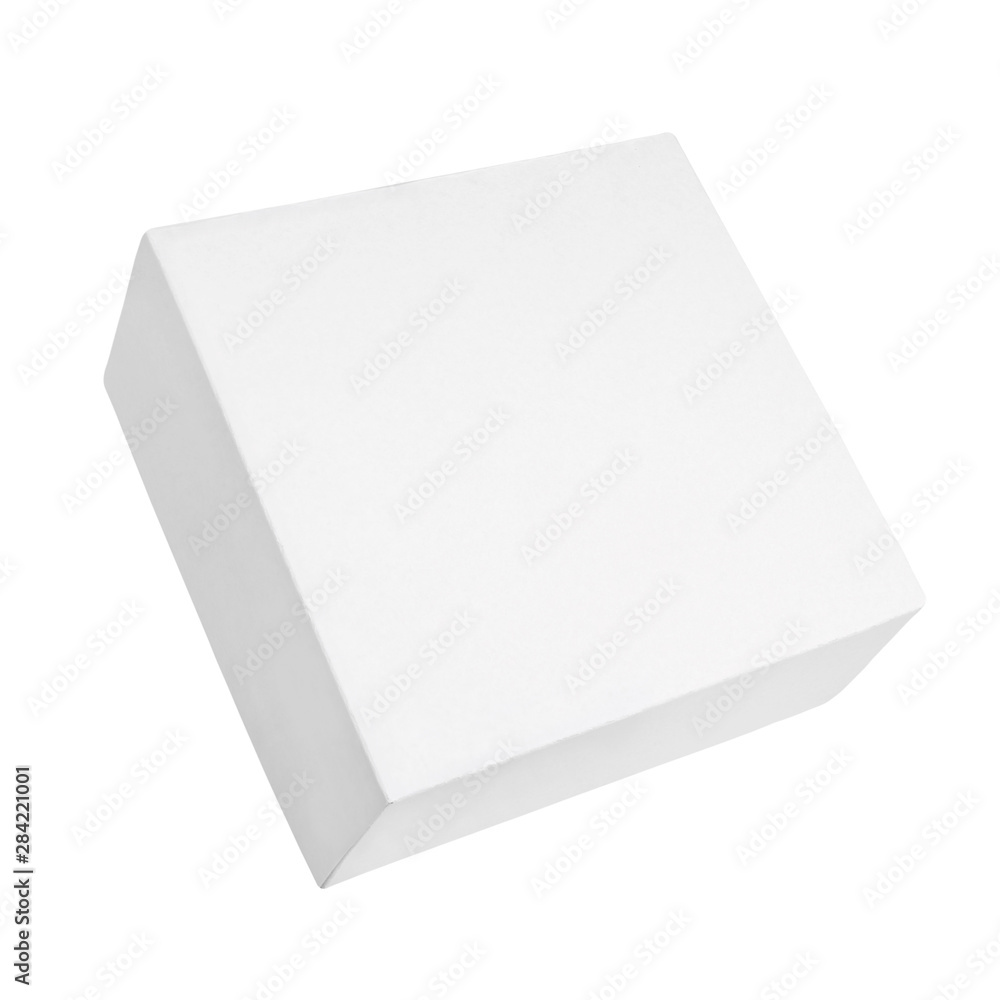 Blank thin white cardboard box. White box isolated on a white background. Branding mockup Blank thin white cardboard box. White box isolated on a white background. Branding mockup