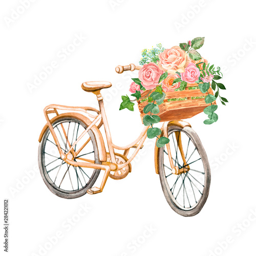 Summer romantic clipart with apricot pink vintage bicycle, isolated on white ...