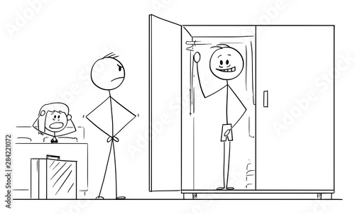 Vector cartoon stick figure drawing conceptual illustration of husband returning home and found lover of his wife hidden in wardrobe or closet. Concept of infidelity and adultery.