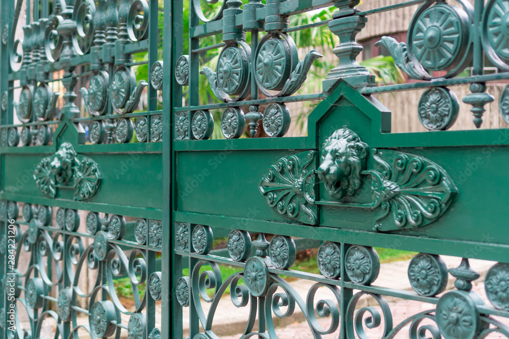 Patterned ancient green gate with images of lions