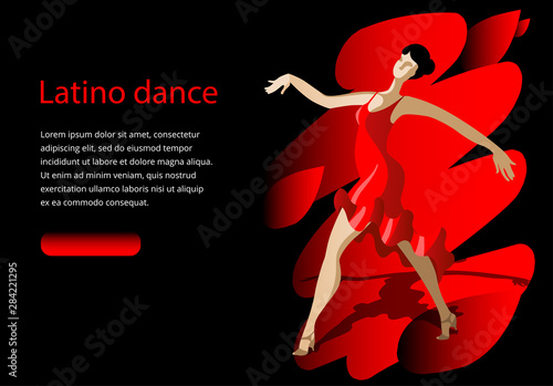 Slender girl in a beautiful red dress dancing Latin dance. Template banner or home screen landing page. Vector illustration.