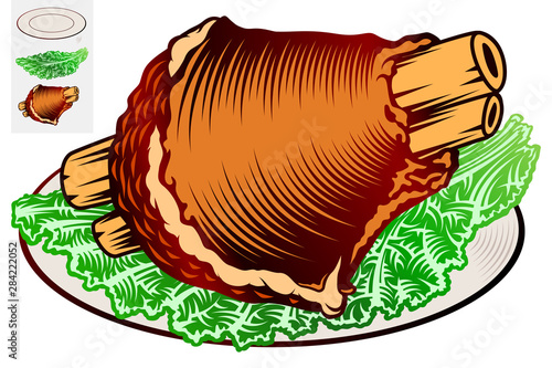 Pork knuckle and leaf lettuce on a plate. Traditional bavarian snack at beer festival Oktoberfest. Food of german cuisine. Vector hand drawn illustration in retro inked engraved style for bar or pub.
