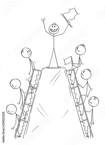 Vector cartoon stick figure drawing conceptual illustration of line of men, or businessmen climbing the hill to enjoy moment of success on the peak before going down.