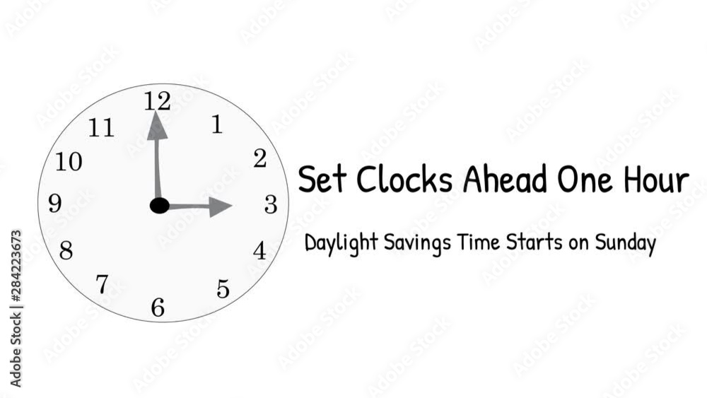 Clock face illustrated with message to spring ahead one hour to start daylight savings time. Clock face illustrated with message to spring ahead one hour to start daylight savings time.