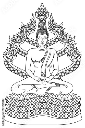 Protected by the Naga King (Pang Nak Prok) The Saturday Buddha image is sitting in a full lotus position in meditation on the coiled body of the naga Muchalinda that used its head as a cover against